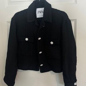 Zara Women's Black Tweed Overshirt Jacket with Jewel Buttons